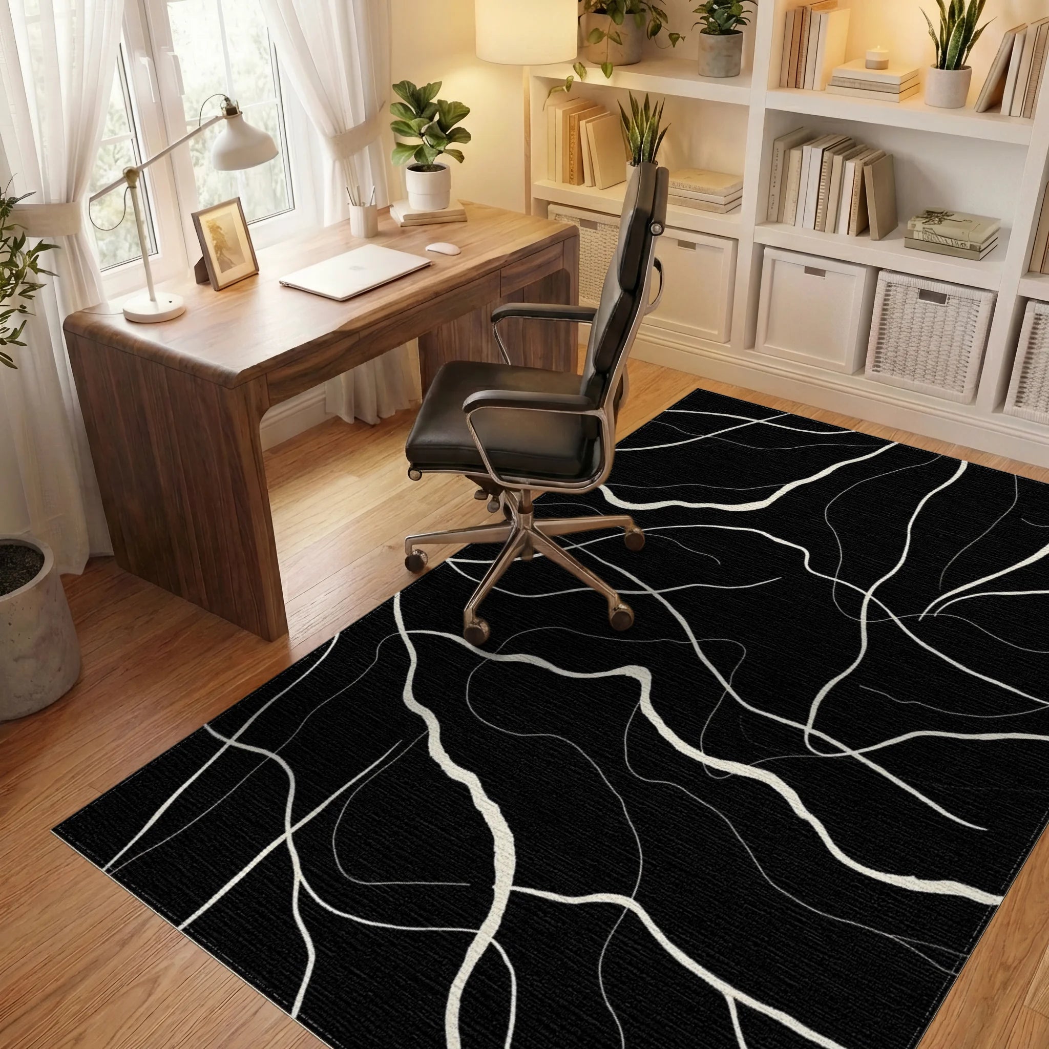 Minimalist Off-White Abstract Lines Rug Office View