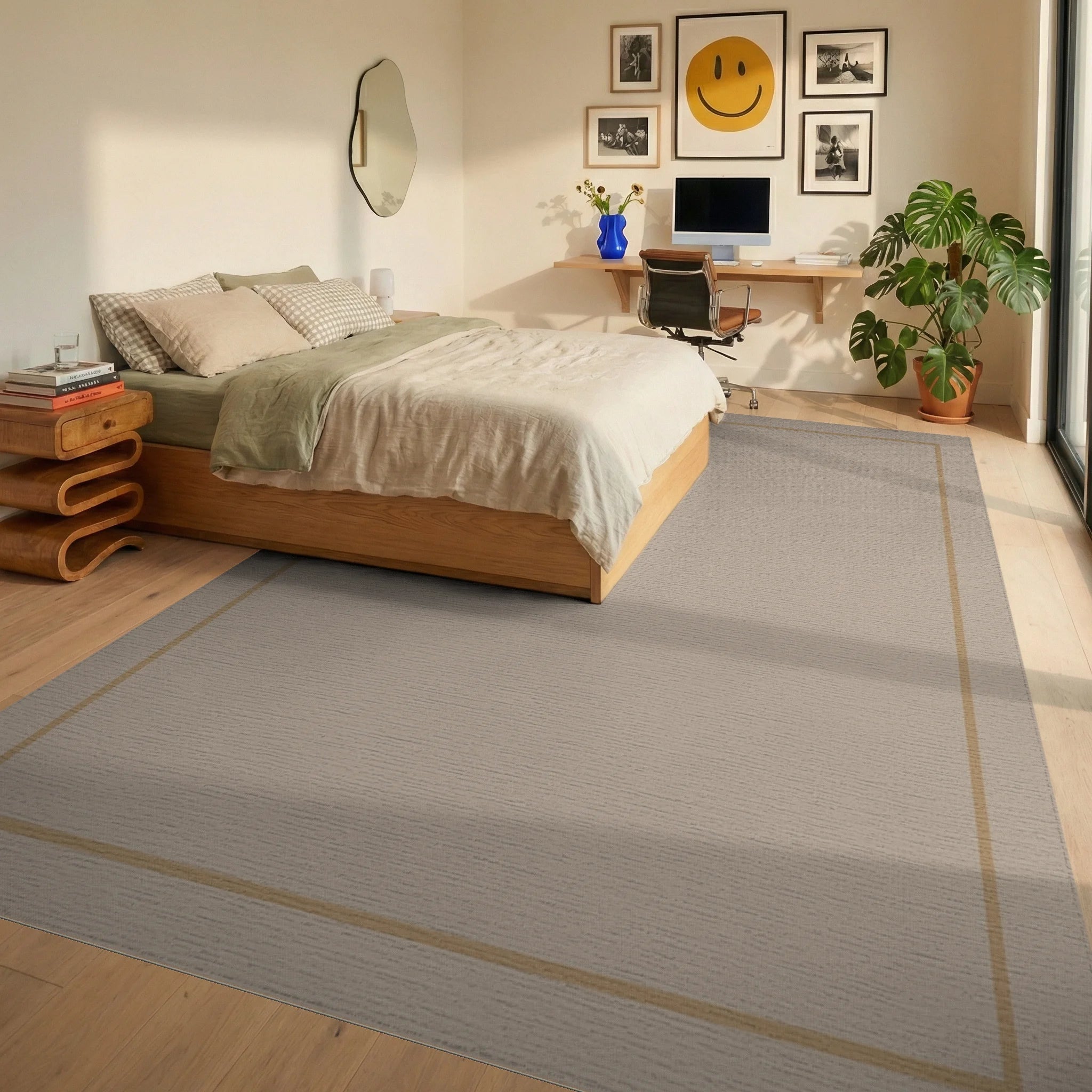 Minimalist Taupe Bordered Rectangle Rug Bedroom View
