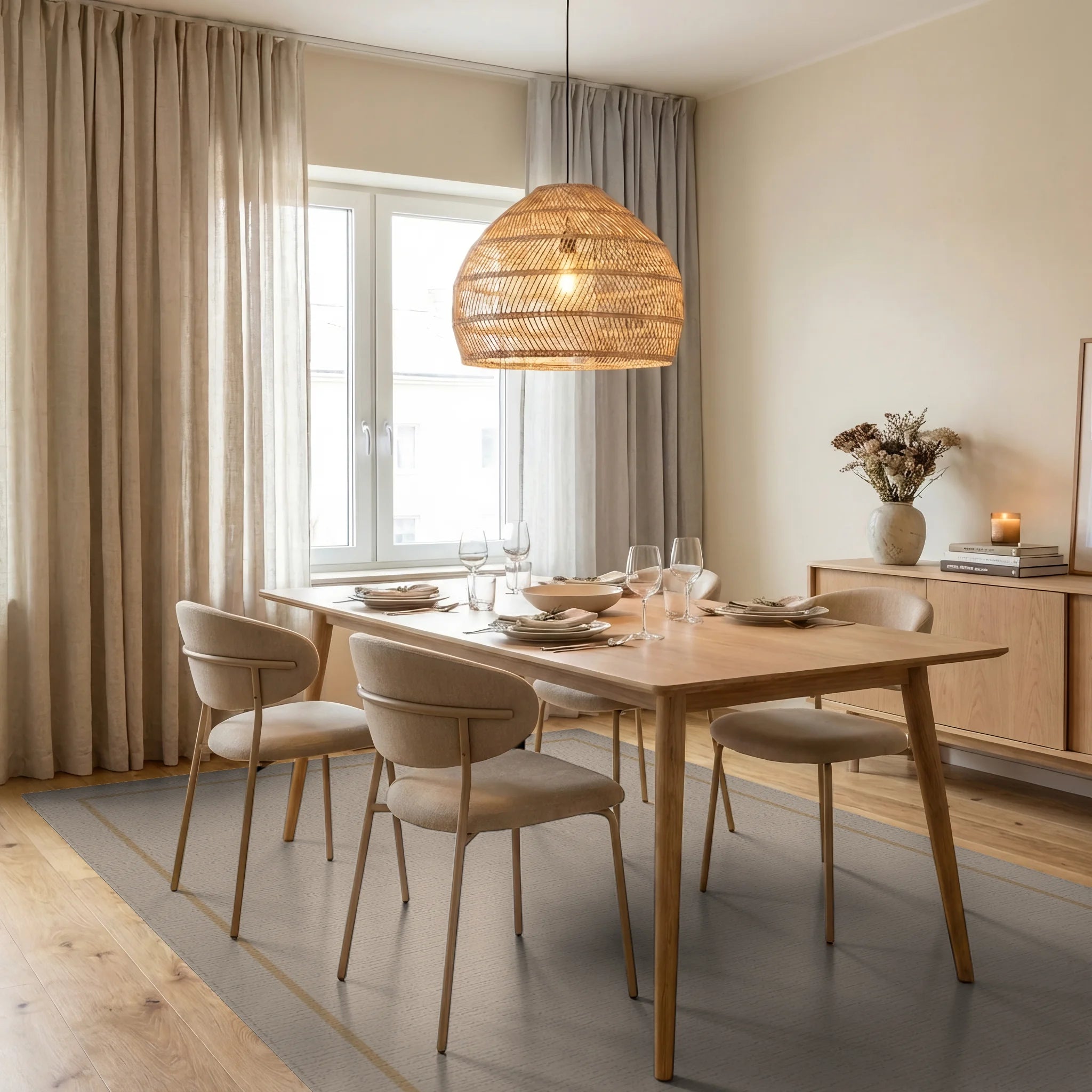 Minimalist Taupe Bordered Rectangle Rug Dining Room View