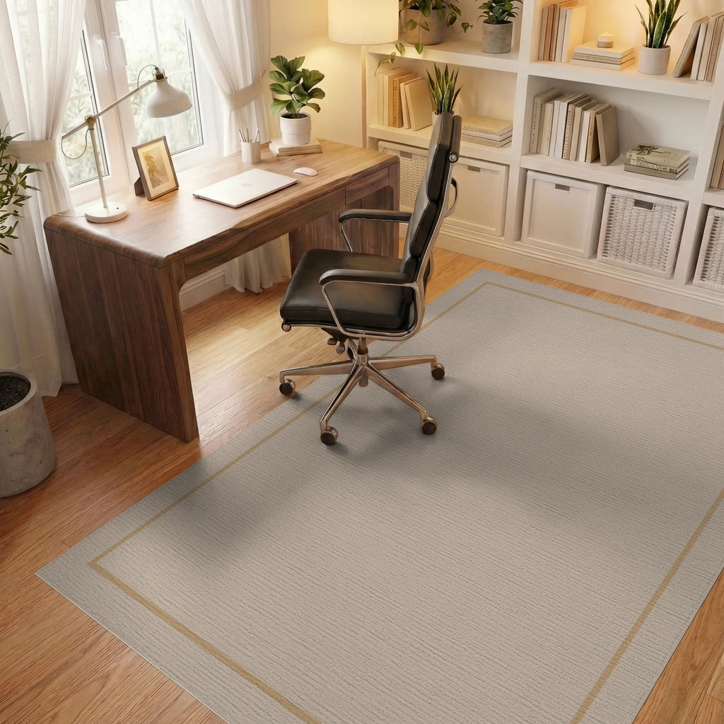 Minimalist Taupe Bordered Rectangle Rug Office View
