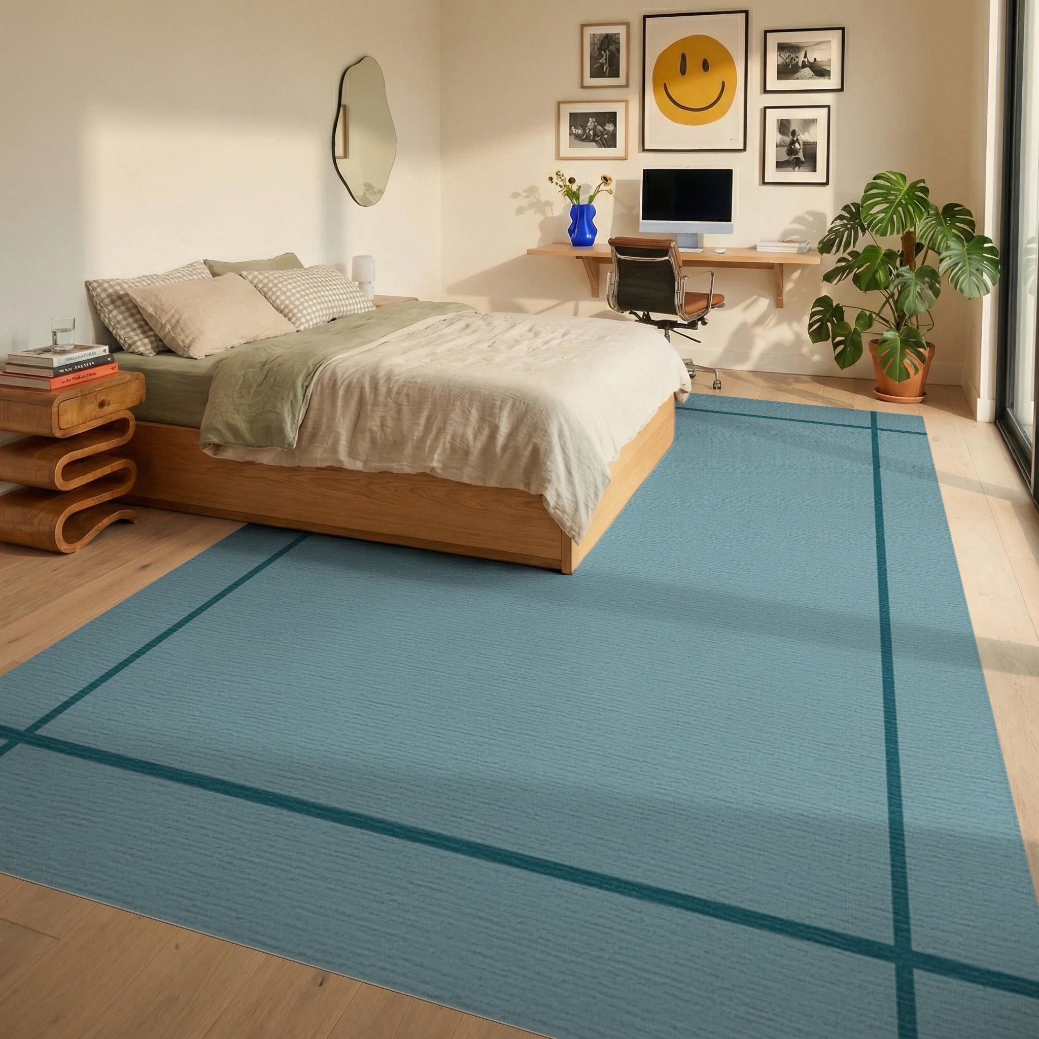 Minimalist Teal Bordered Square Rug Bedroom View