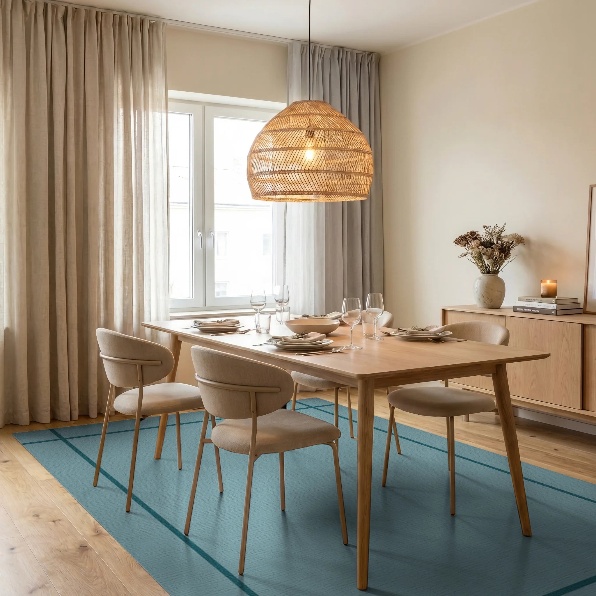 Minimalist Teal Bordered Square Rug Dining Room View