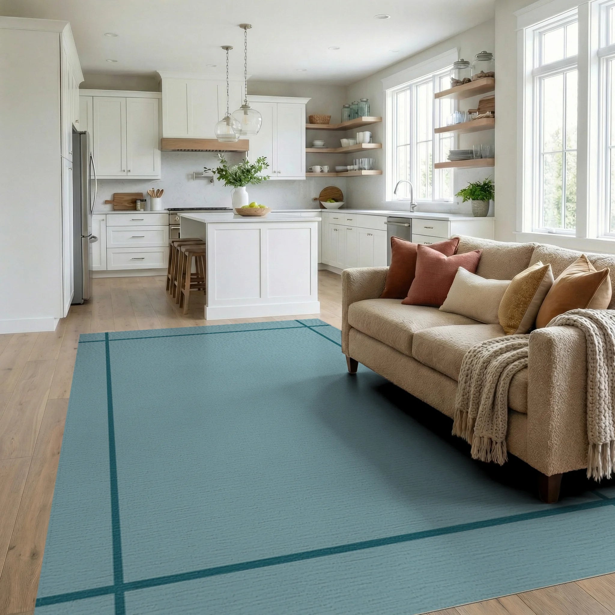 Minimalist Teal Bordered Square Rug Living Room View