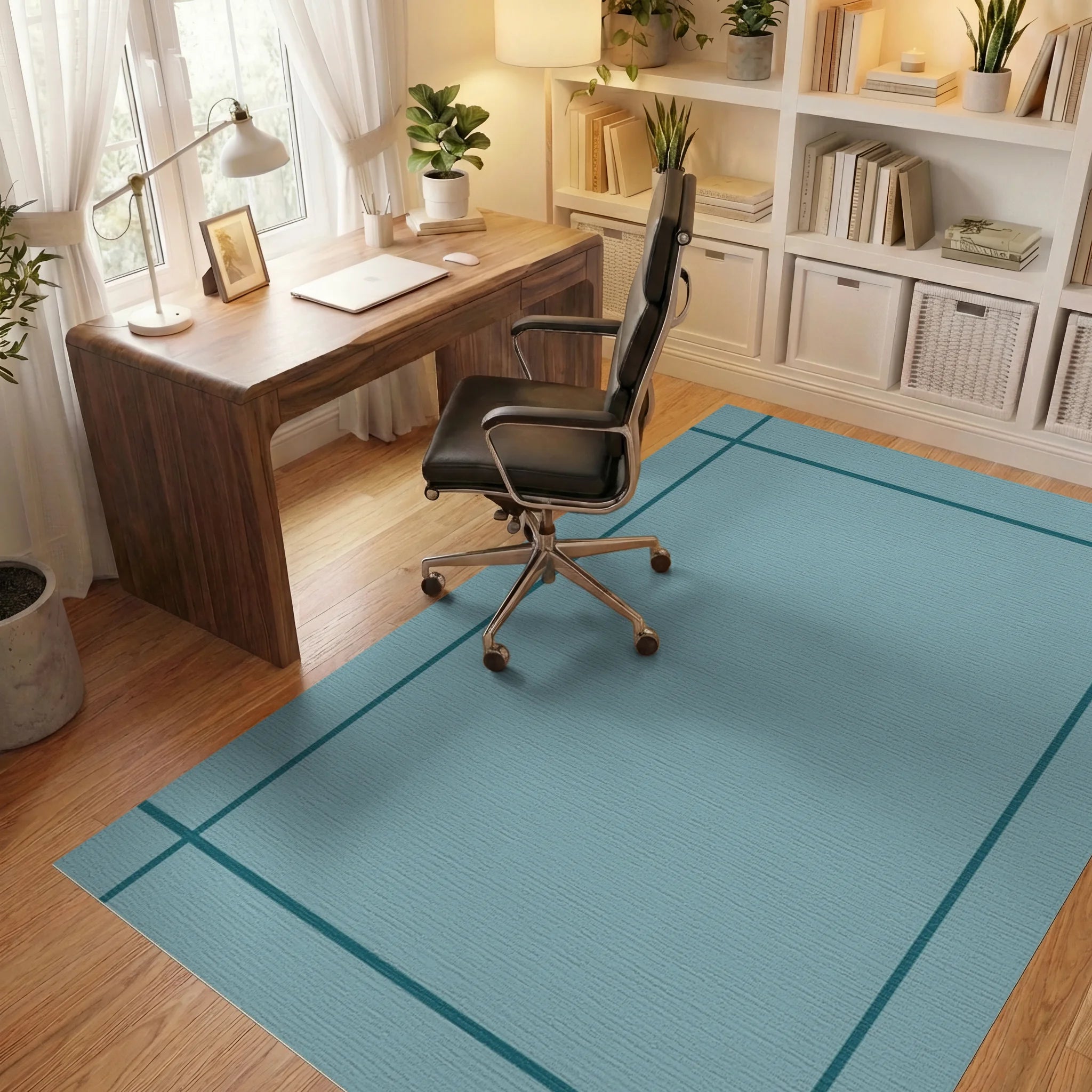 Minimalist Teal Bordered Square Rug Office View