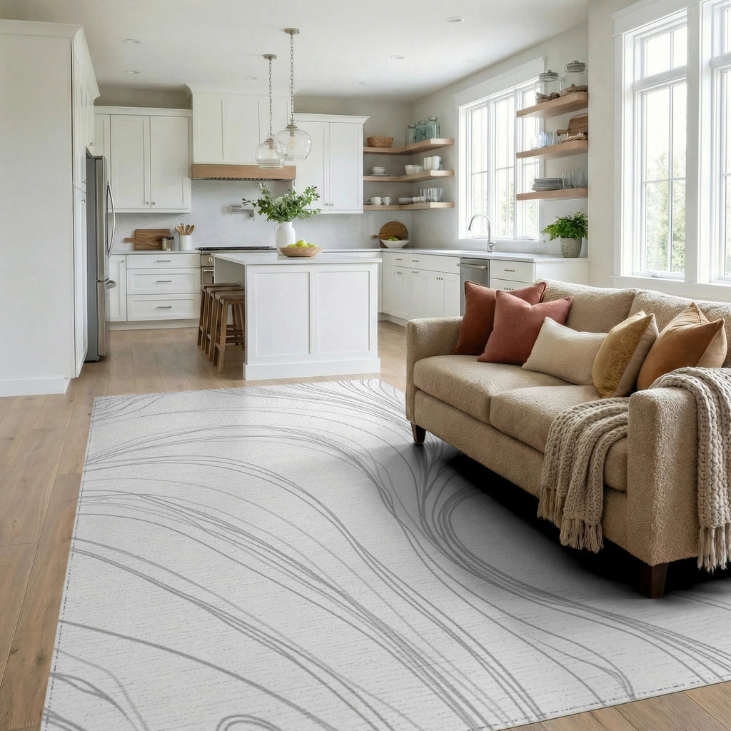 Minimalist White Gray Swirl Rug - Living Room View