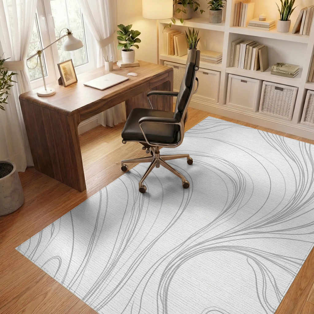 Minimalist White Gray Swirl Rug - Office View