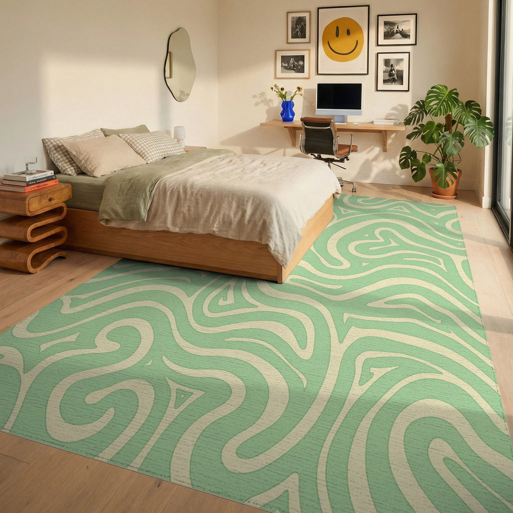 Mint Cream Swirl Abstract Rug Bedroom View
