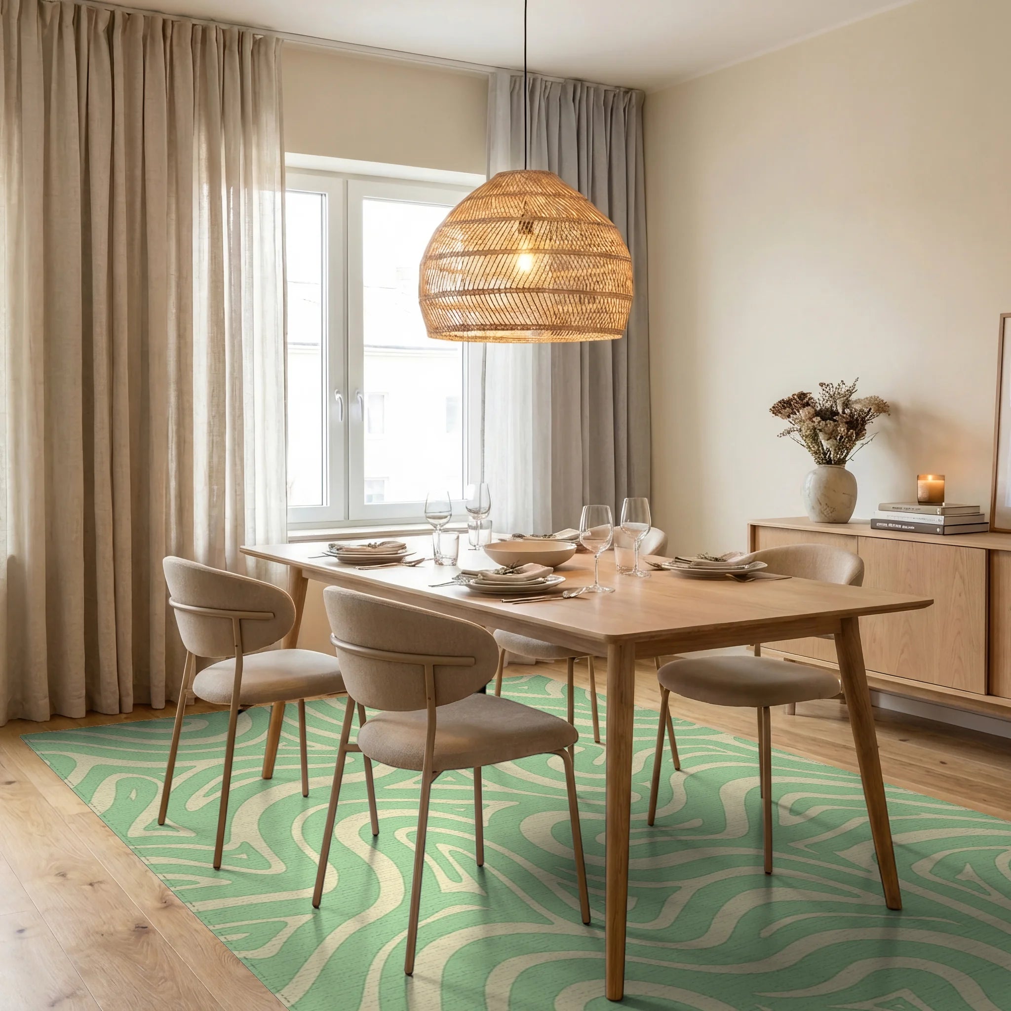 Mint Cream Swirl Abstract Rug Dining Room View