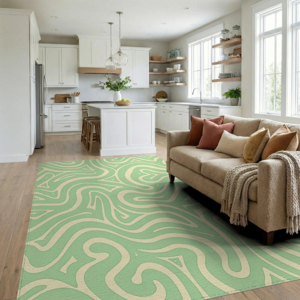 Mint Cream Swirl Abstract Rug Living Room View