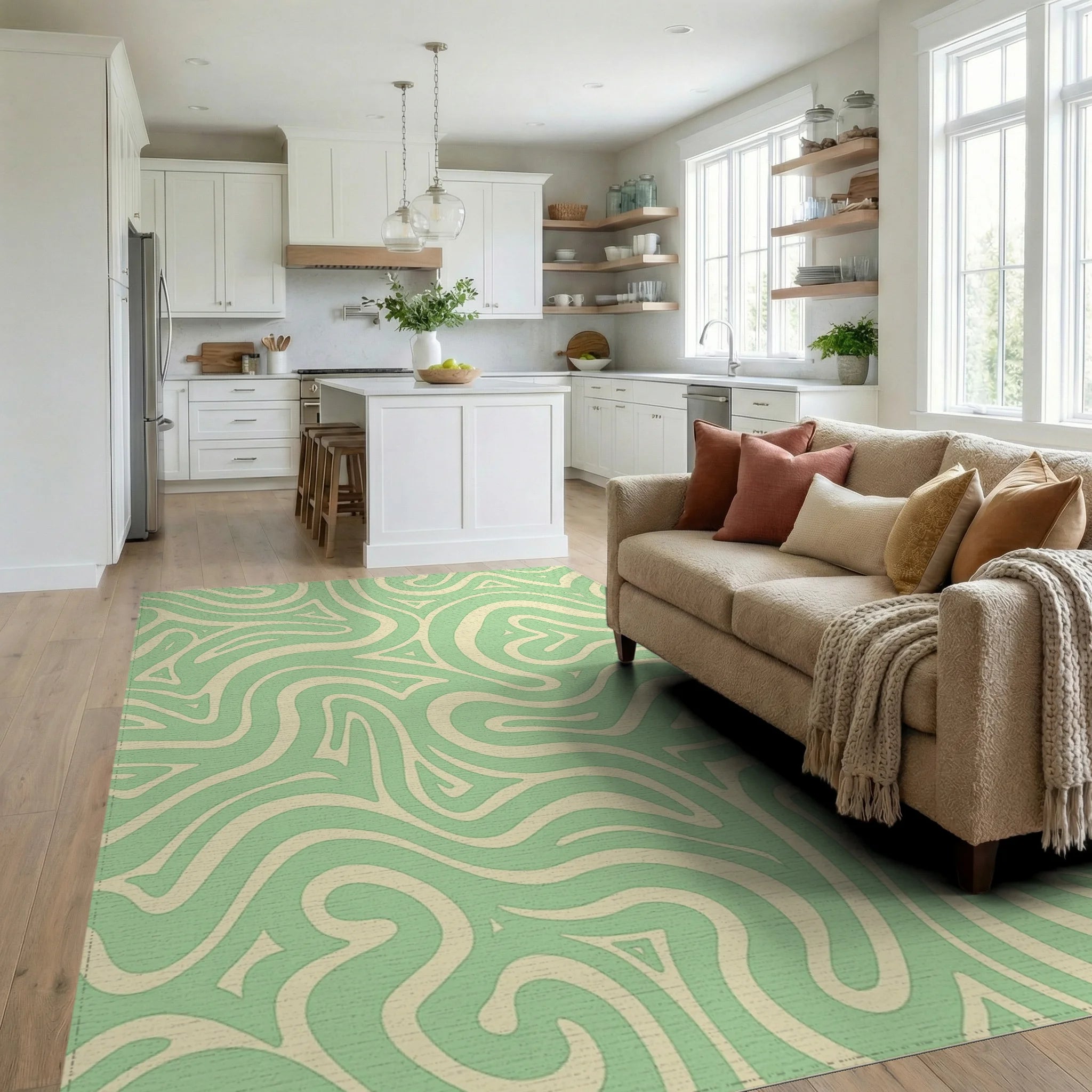 Mint Cream Swirl Abstract Rug Living Room View