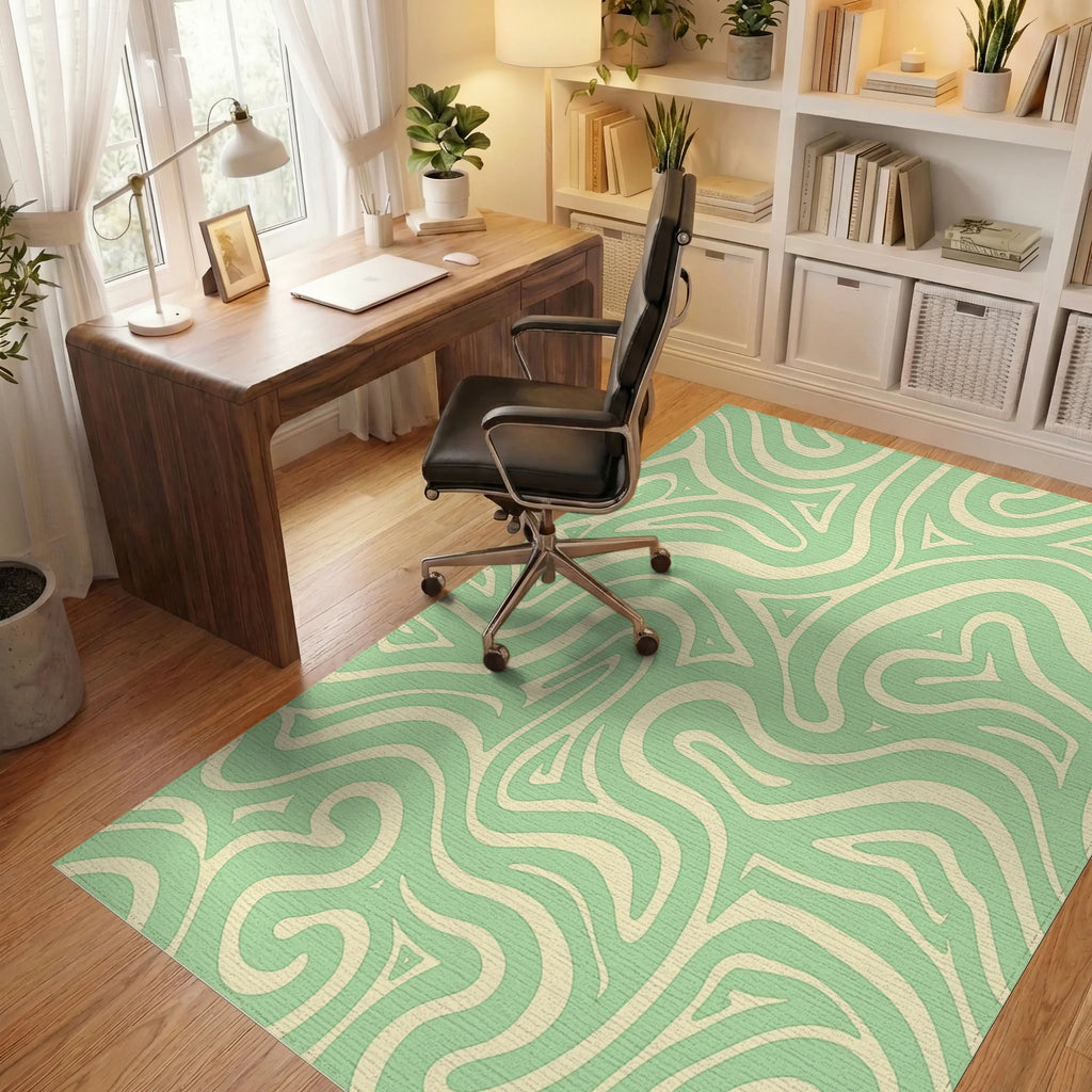 Mint Cream Swirl Abstract Rug Office View