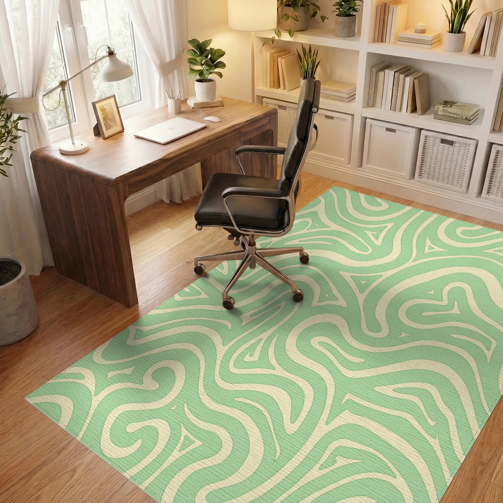 Mint Cream Swirl Abstract Rug Office View