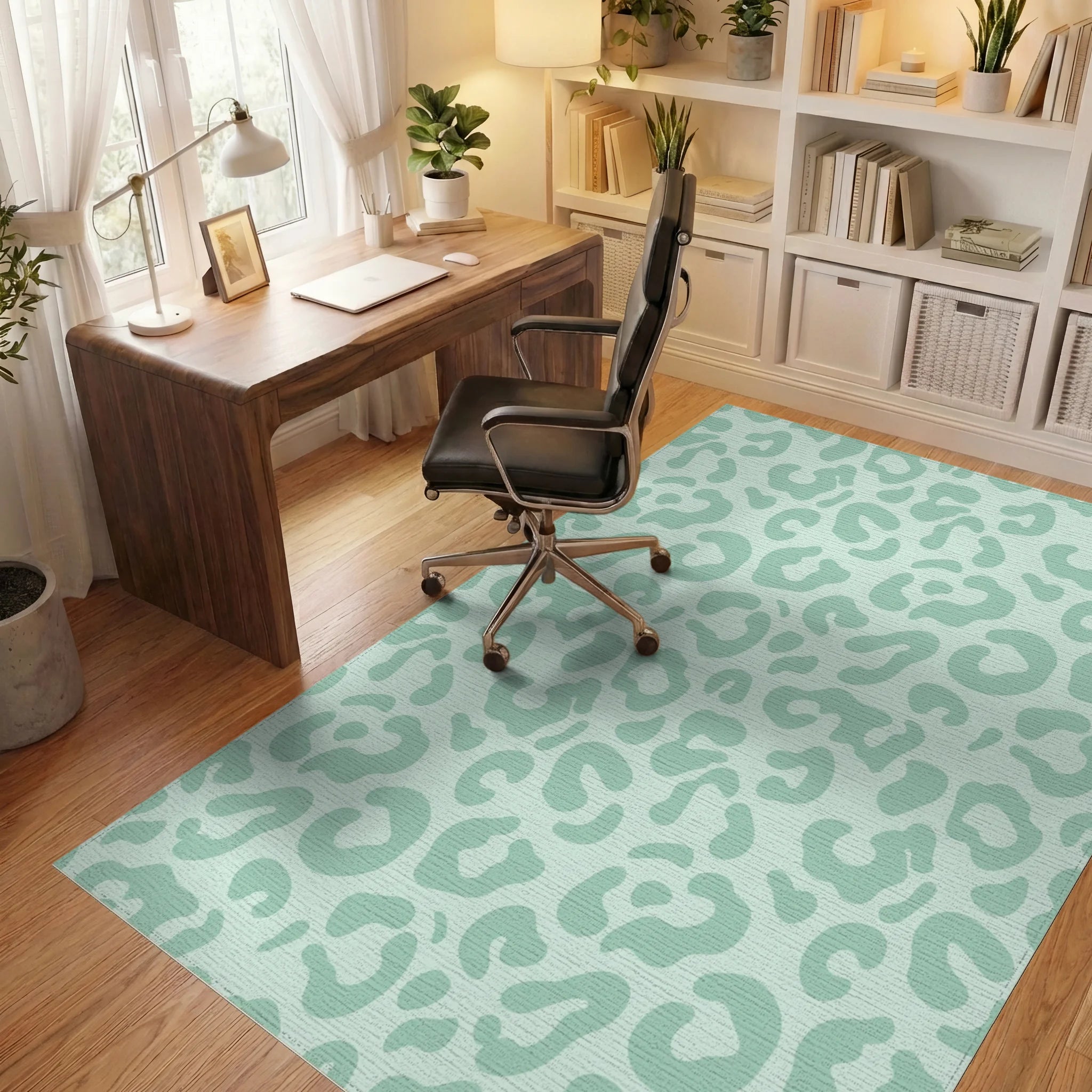 Mint Green Leopard Spots Rug Office View