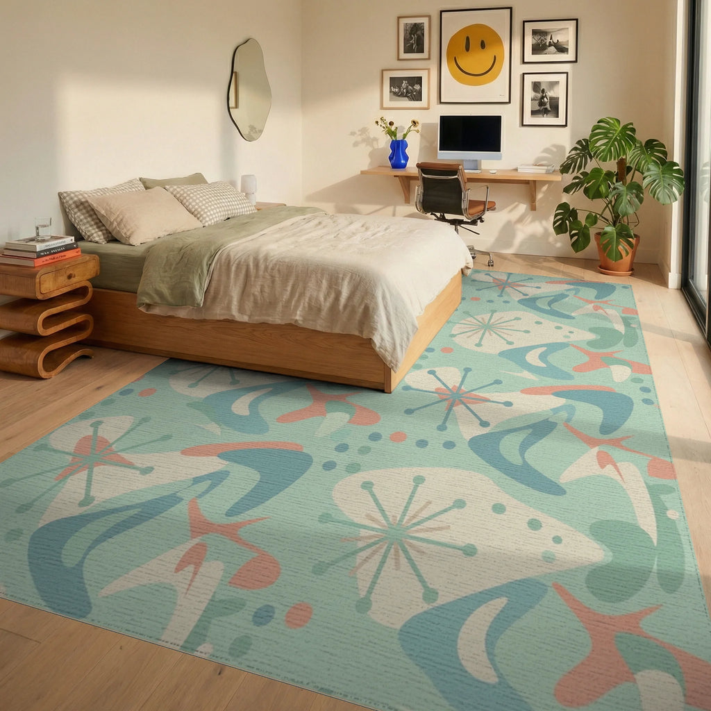 Mint Green Retro Starburst Boomerang Rug Bedroom View