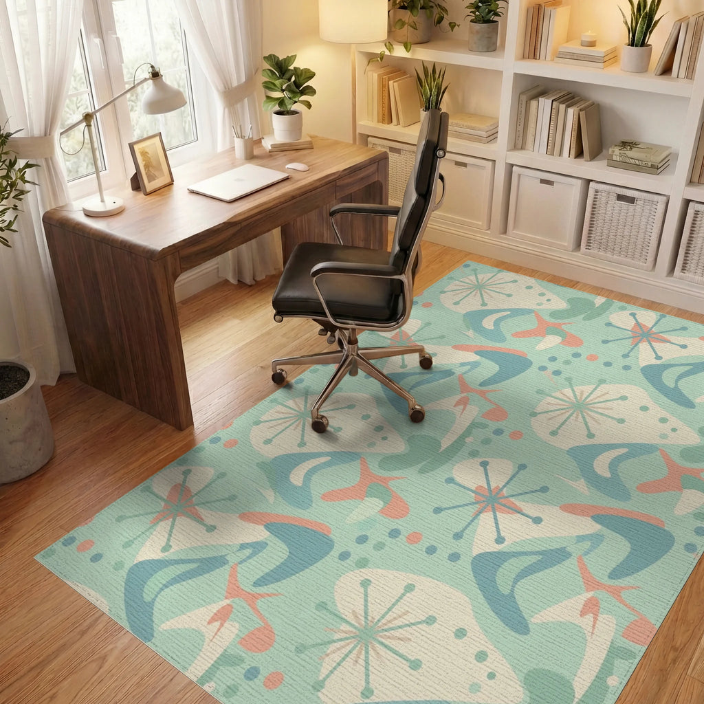 Mint Green Retro Starburst Boomerang Rug Office View