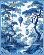 Misty Blue Pine Lantern Pavilion Rug - Cutout View
