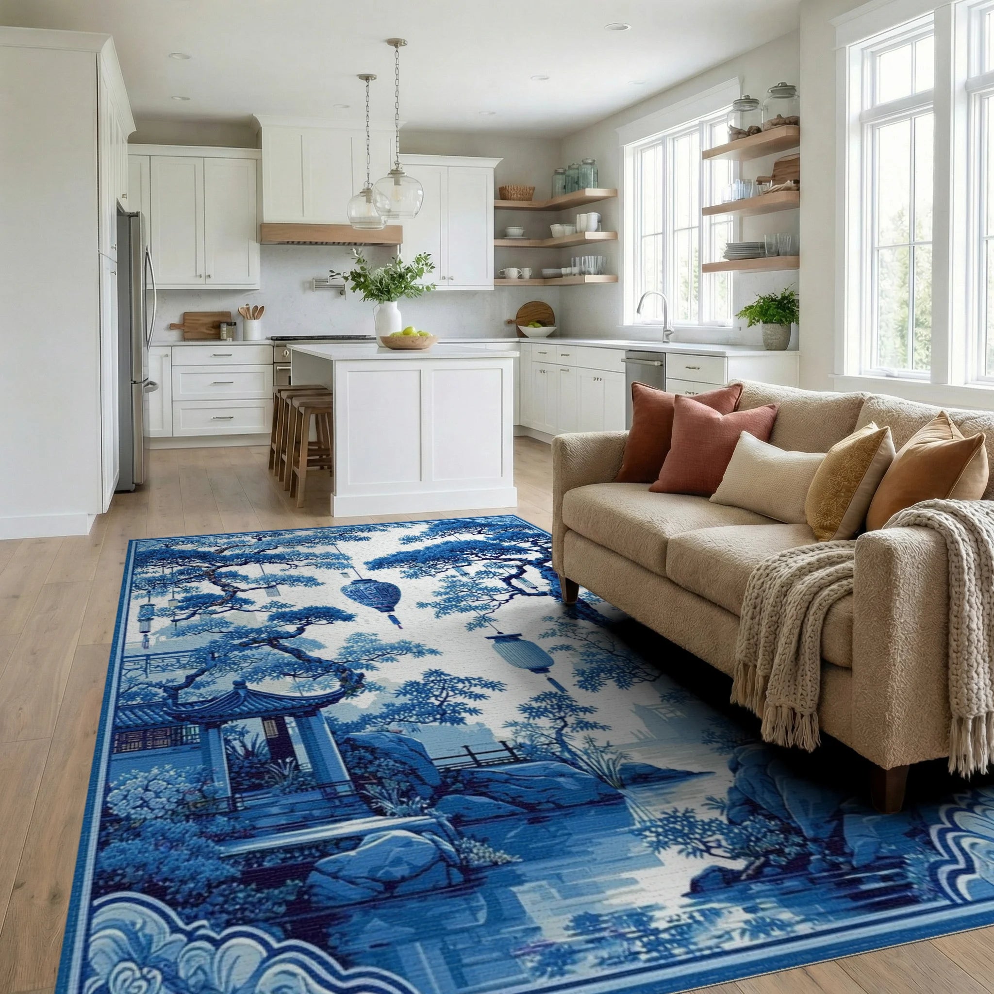 Misty Blue Pine Lantern Pavilion Rug - Living Room View