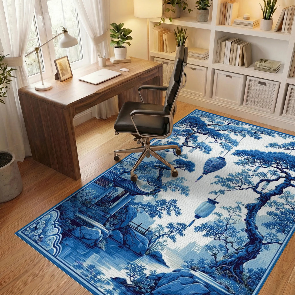 Misty Blue Pine Lantern Pavilion Rug - Office View