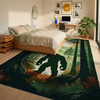 Misty Forest Bigfoot Silhouette Rug - Bedroom View