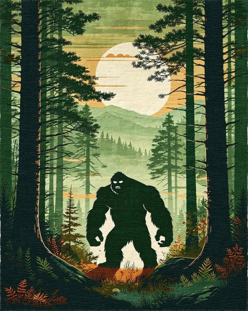 Misty Forest Bigfoot Silhouette Rug - Cutout View