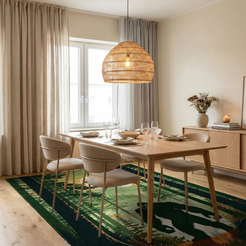 Misty Forest Bigfoot Silhouette Rug - Dining Room View
