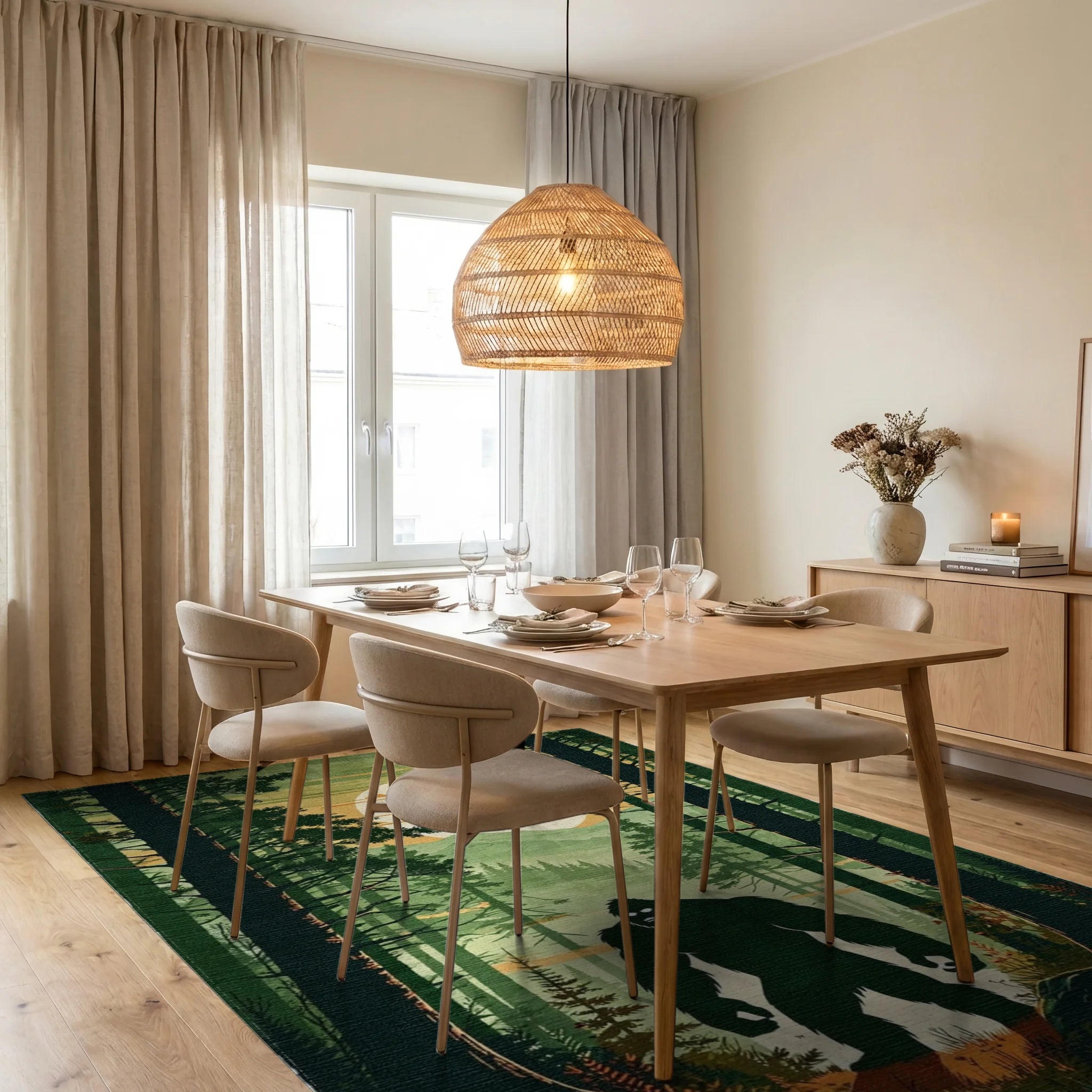 Misty Forest Bigfoot Silhouette Rug - Dining Room View