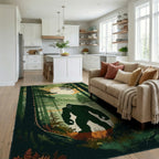 Misty Forest Bigfoot Silhouette Rug - Living Room View