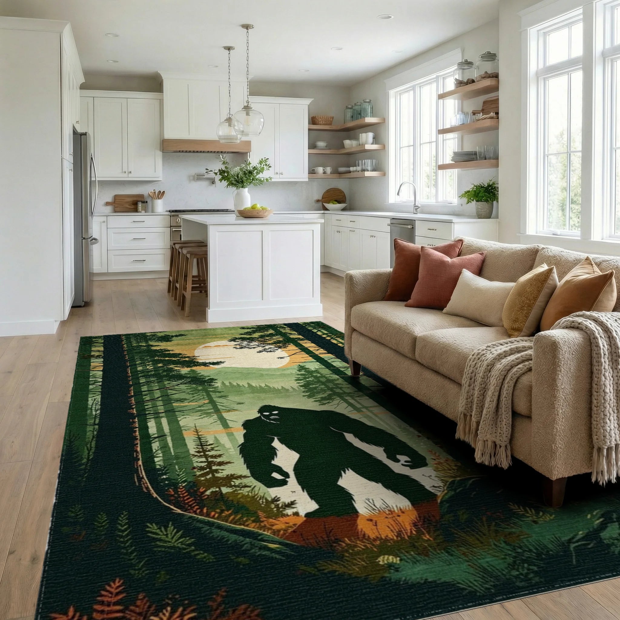 Misty Forest Bigfoot Silhouette Rug - Living Room View
