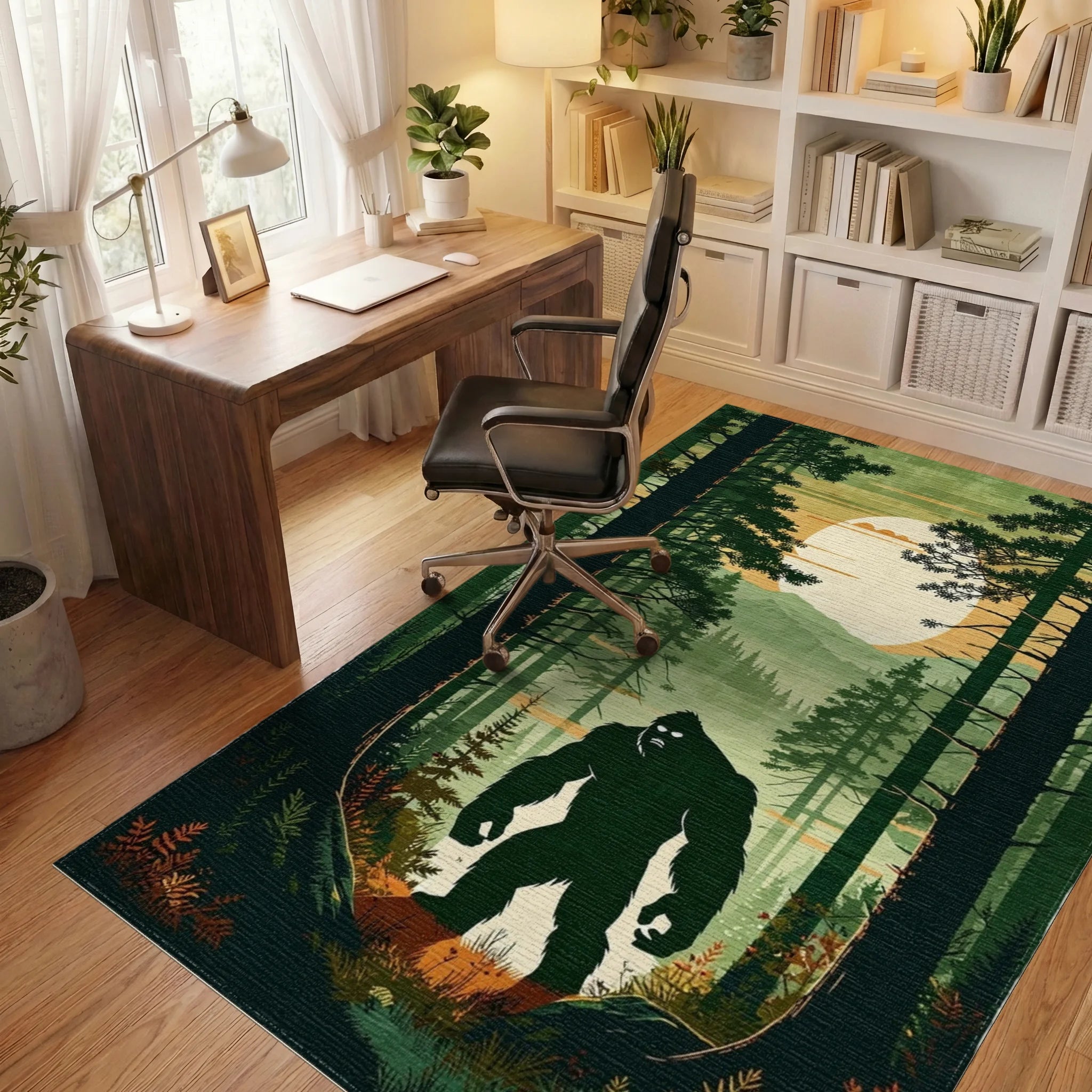 Misty Forest Bigfoot Silhouette Rug - Office View