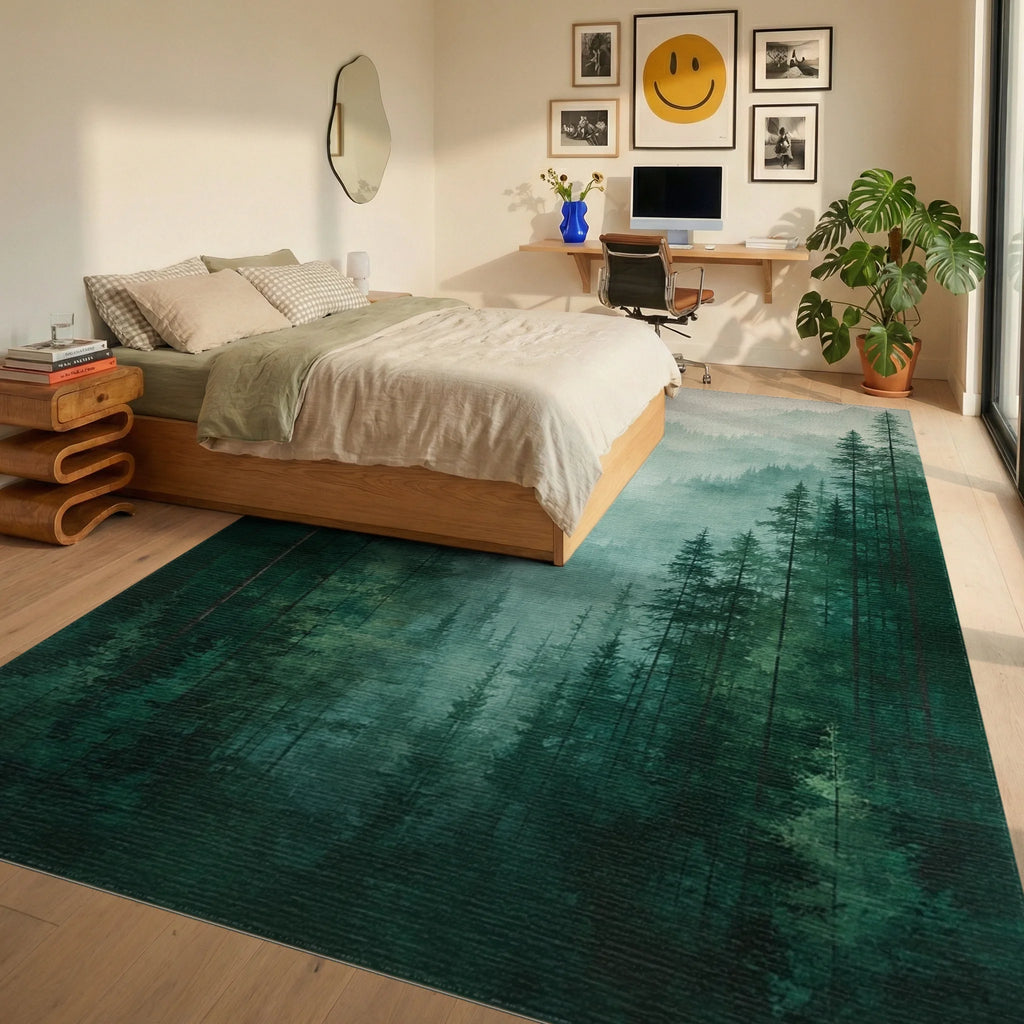 Misty Forest Pines Landscape Design Rug Bedroom View