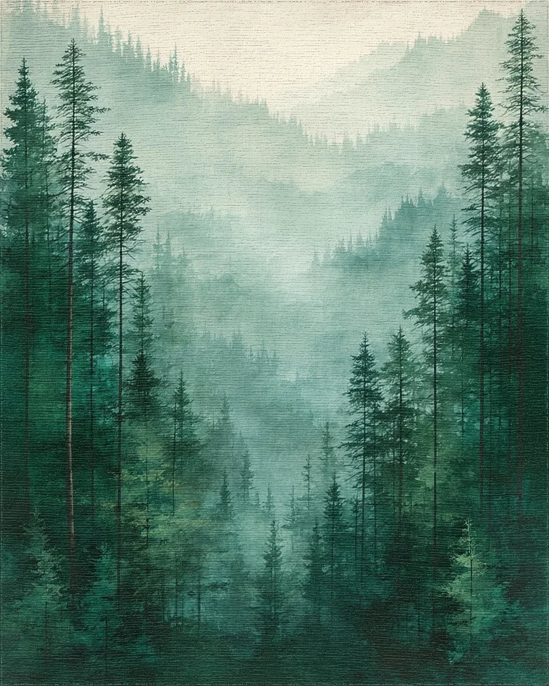 Misty Forest Pines Landscape Design Rug - Cutout View