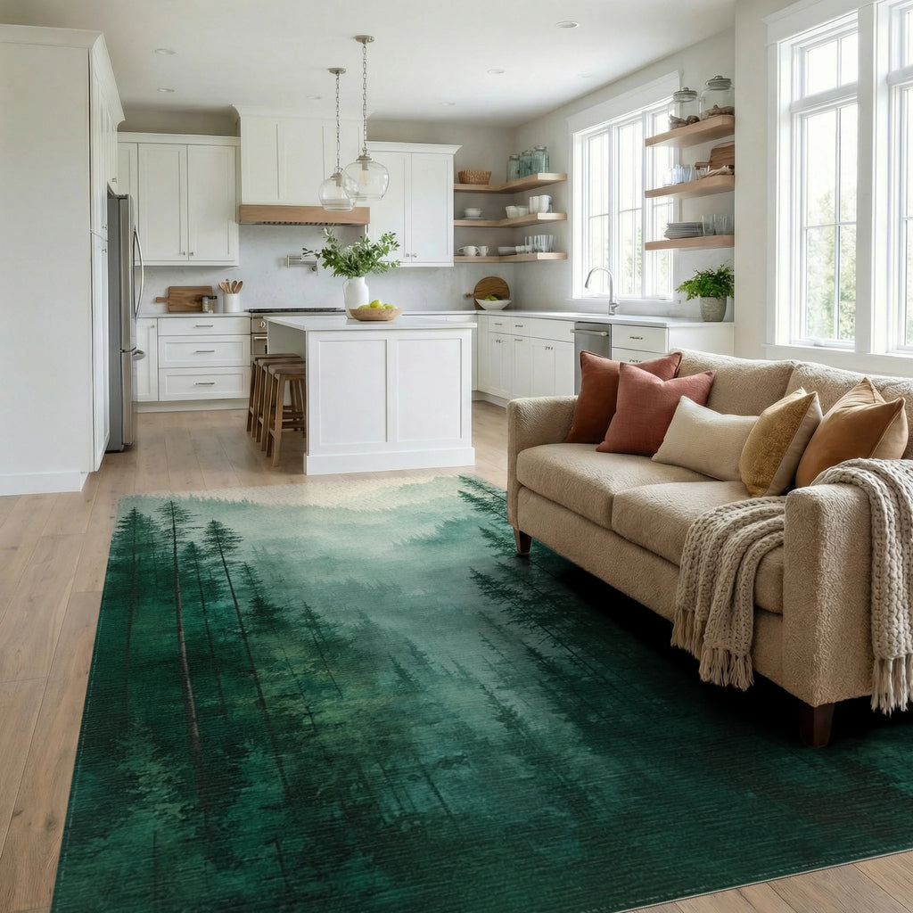 Misty Forest Pines Landscape Design Rug Living Room View