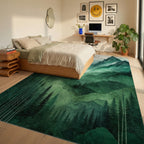 Misty Green Forested Mountain Landscape Rug - Bedroom View