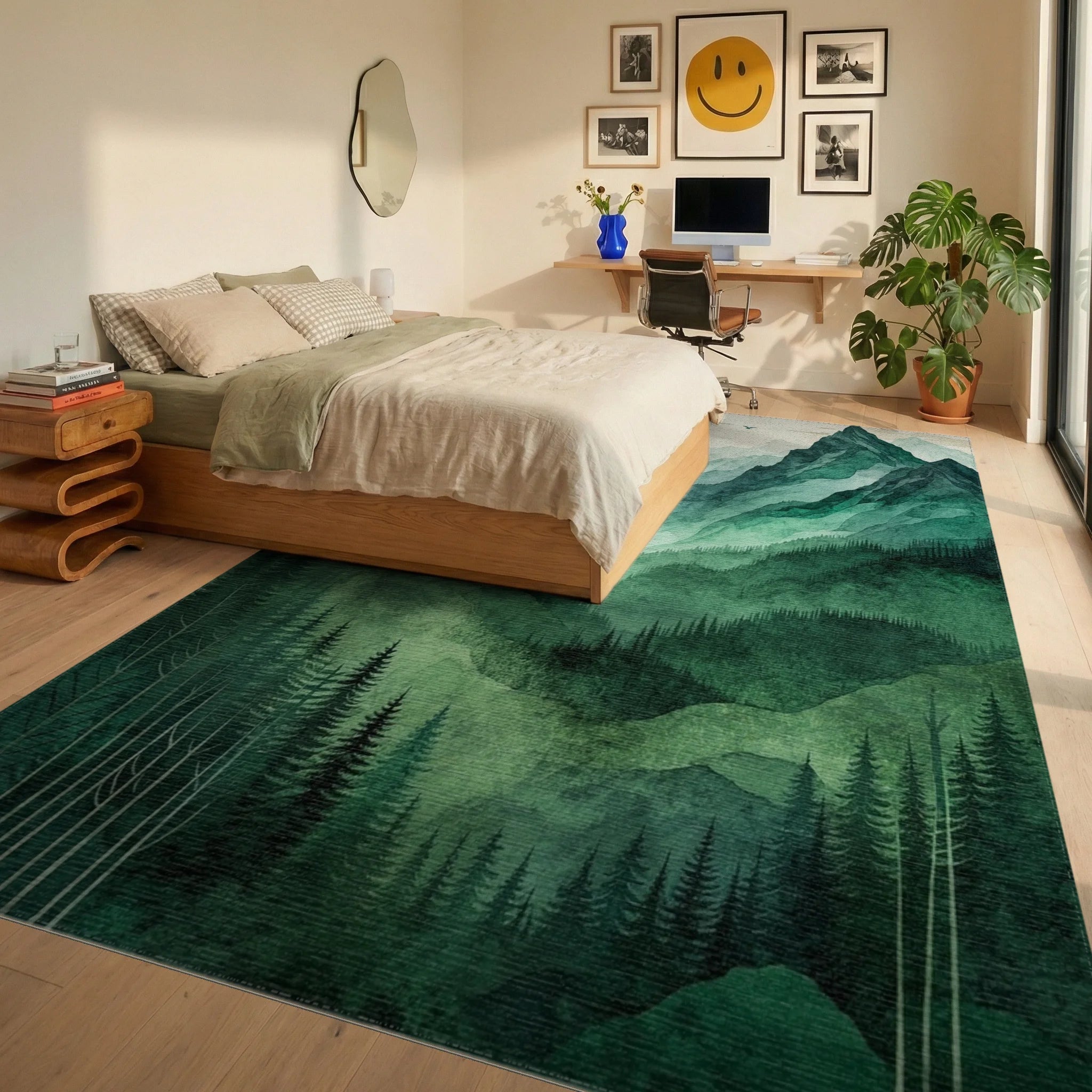 Misty Green Forested Mountain Landscape Rug - Bedroom View