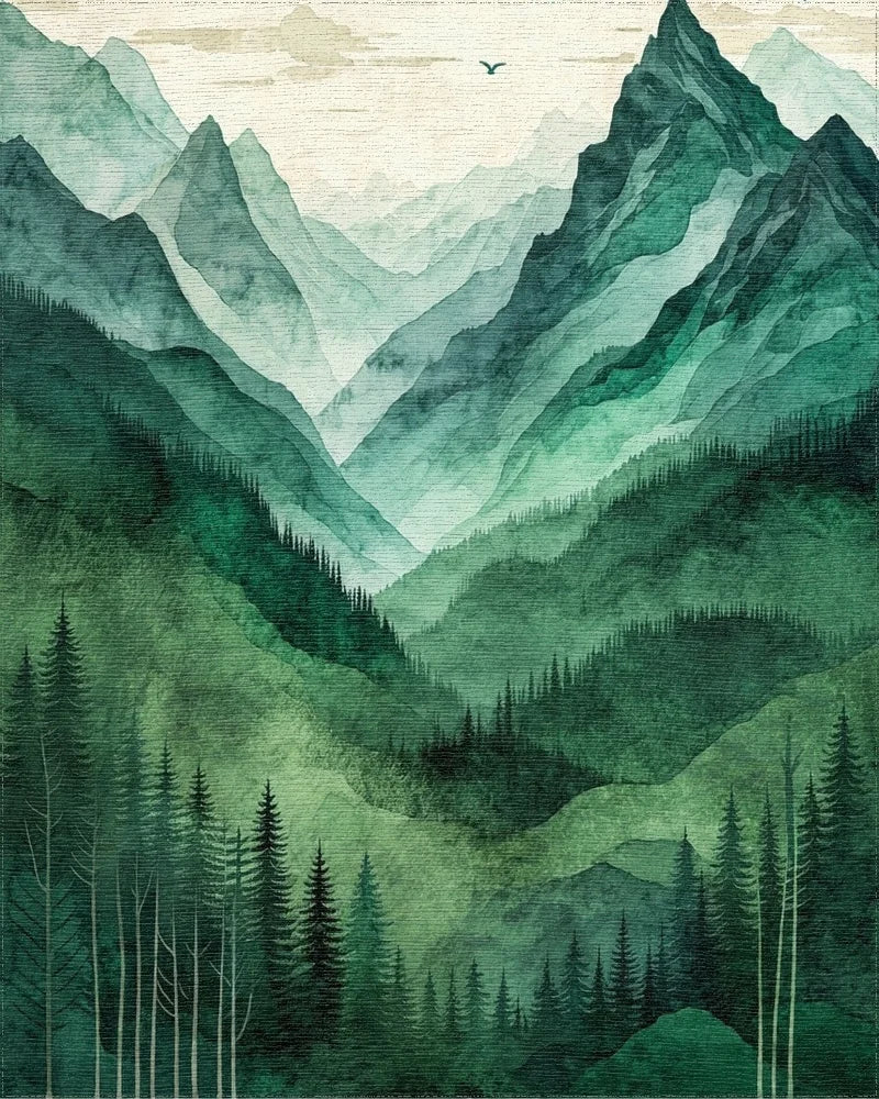 Misty Green Forested Mountain Landscape Rug - Cutout View