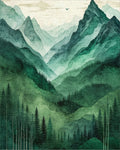 Misty Green Forested Mountain Landscape Rug - Cutout View