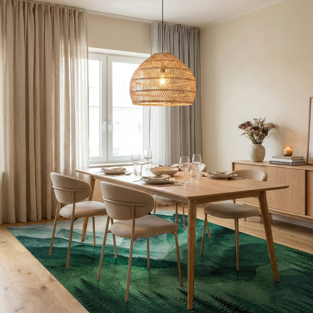 Misty Green Forested Mountain Landscape Rug - Dining Room View