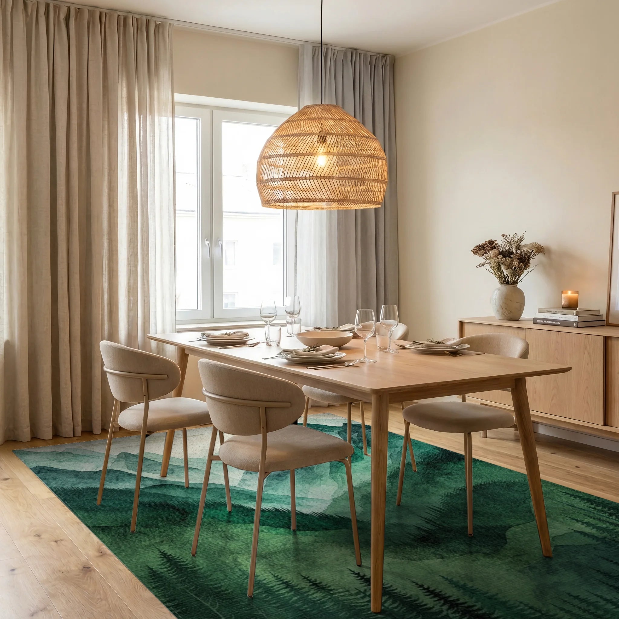 Misty Green Forested Mountain Landscape Rug - Dining Room View