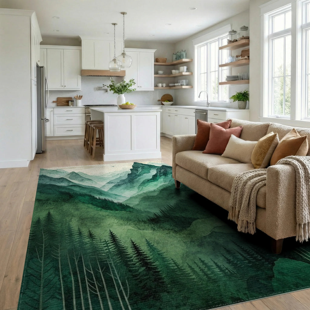 Misty Green Forested Mountain Landscape Rug - Living Room View