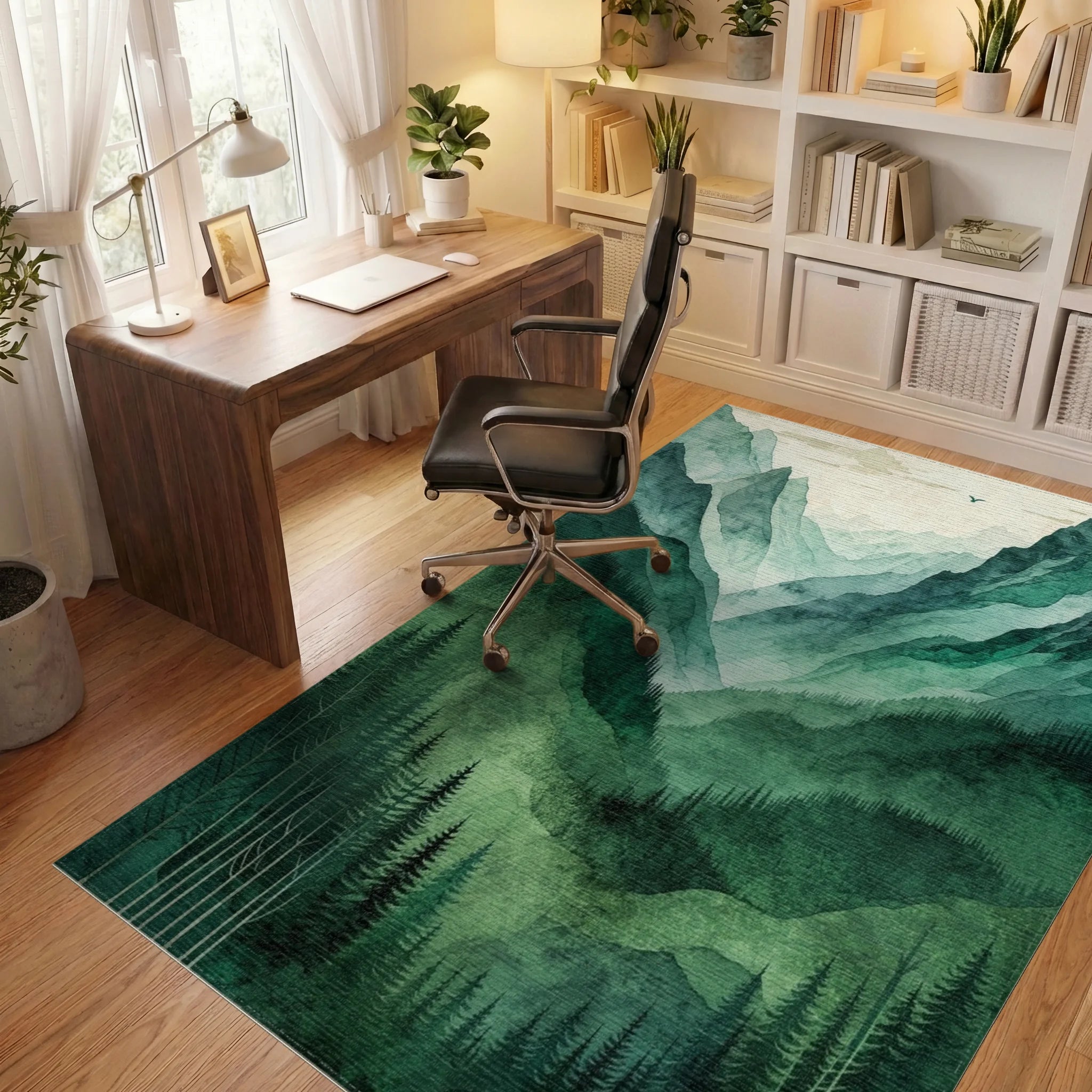Misty Green Forested Mountain Landscape Rug - Office View