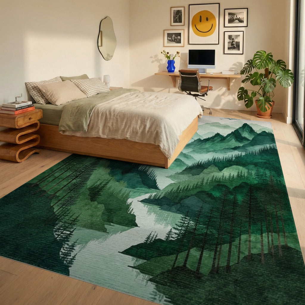 Misty Green Mountains Forest Moon Rug - Bedroom View
