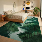 Misty Green Mountains Forest Moon Rug - Bedroom View