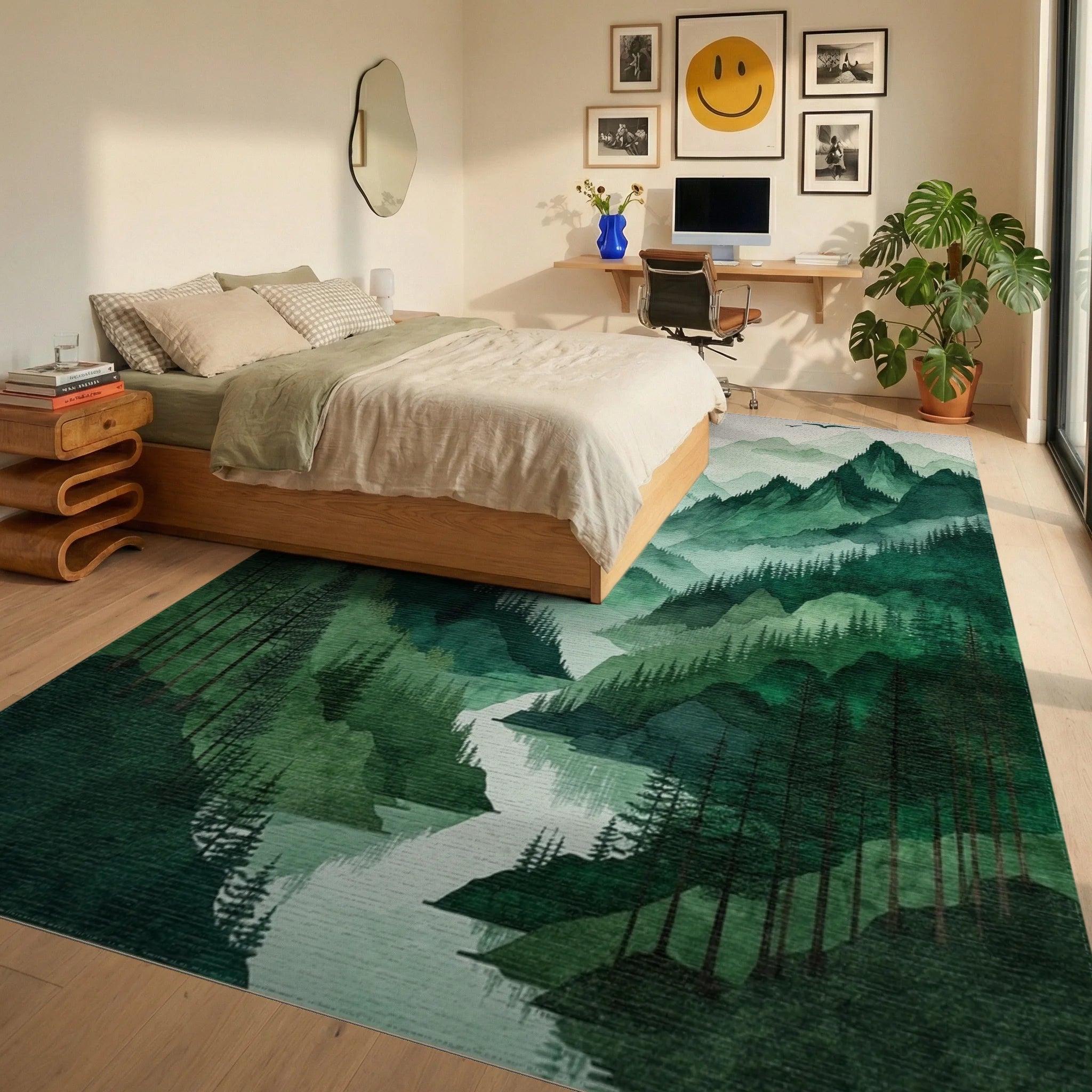 Misty Green Mountains Forest Moon Rug - Bedroom View