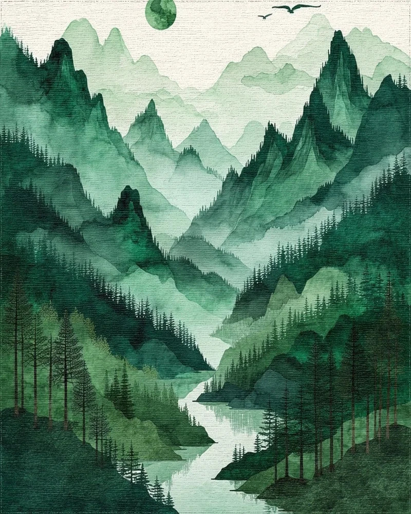 Misty Green Mountains Forest Moon Rug - Cutout View