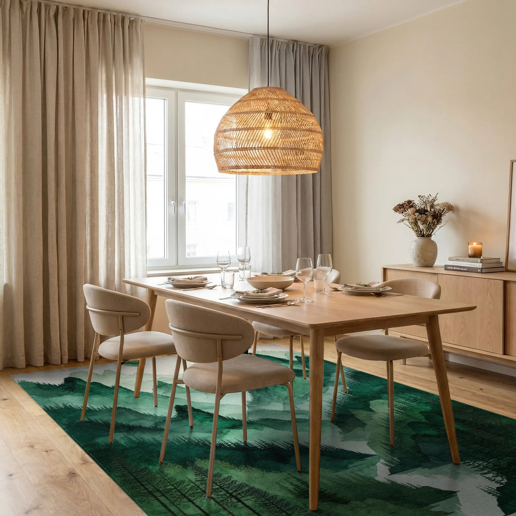 Misty Green Mountains Forest Moon Rug - Dining Room View