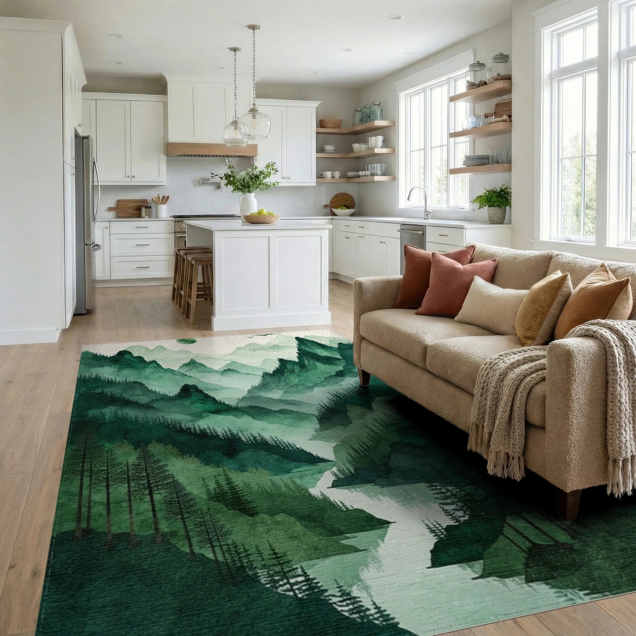 Misty Green Mountains Forest Moon Rug - Living Room View