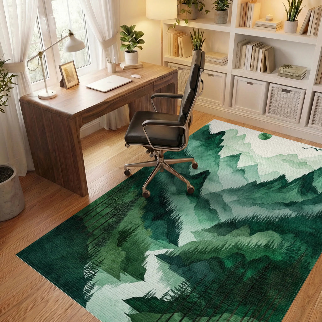 Misty Green Mountains Forest Moon Rug - Office View
