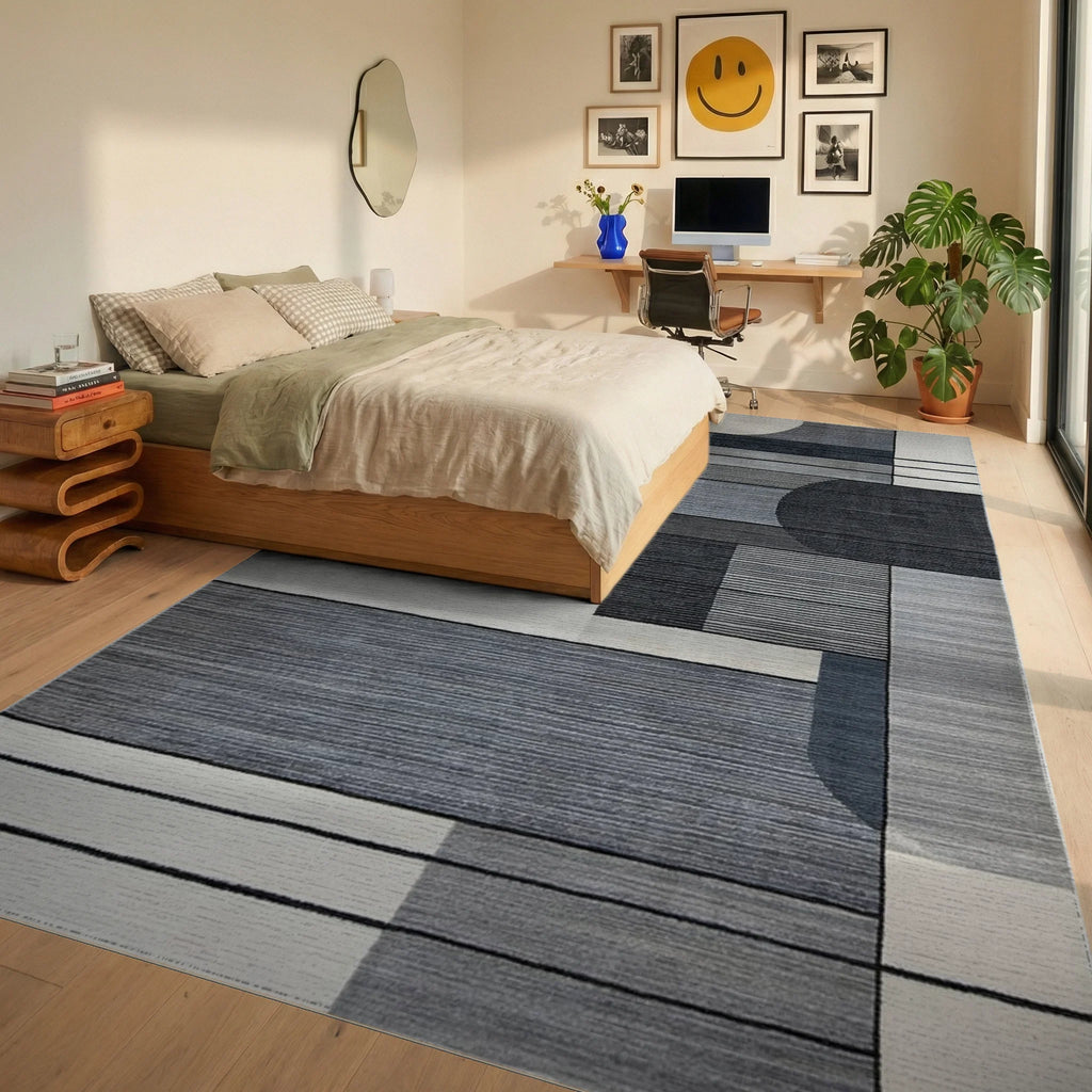 Modern Abstract Geometric Monochrome Rug - Bedroom View
