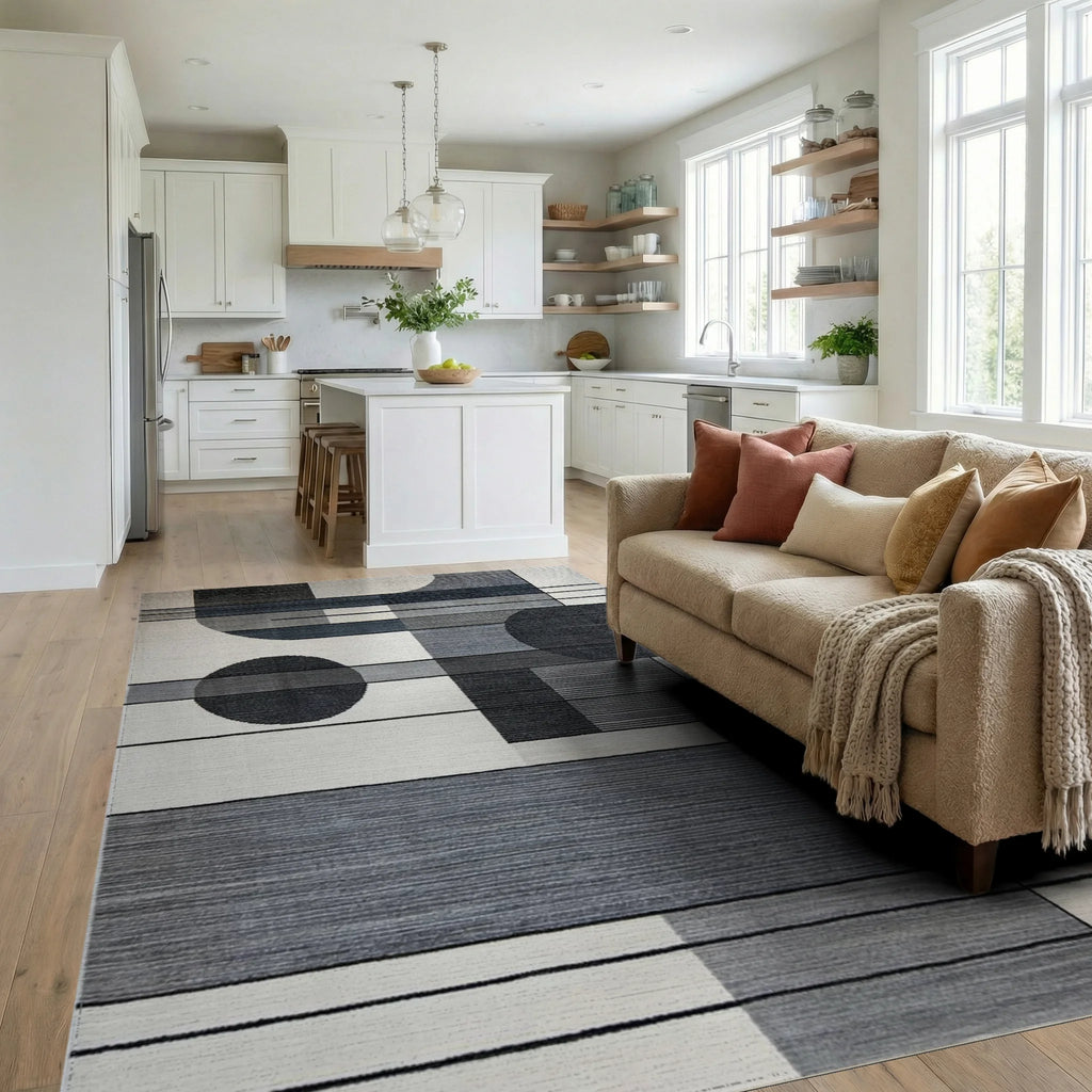 Modern Abstract Geometric Monochrome Rug - Living Room View
