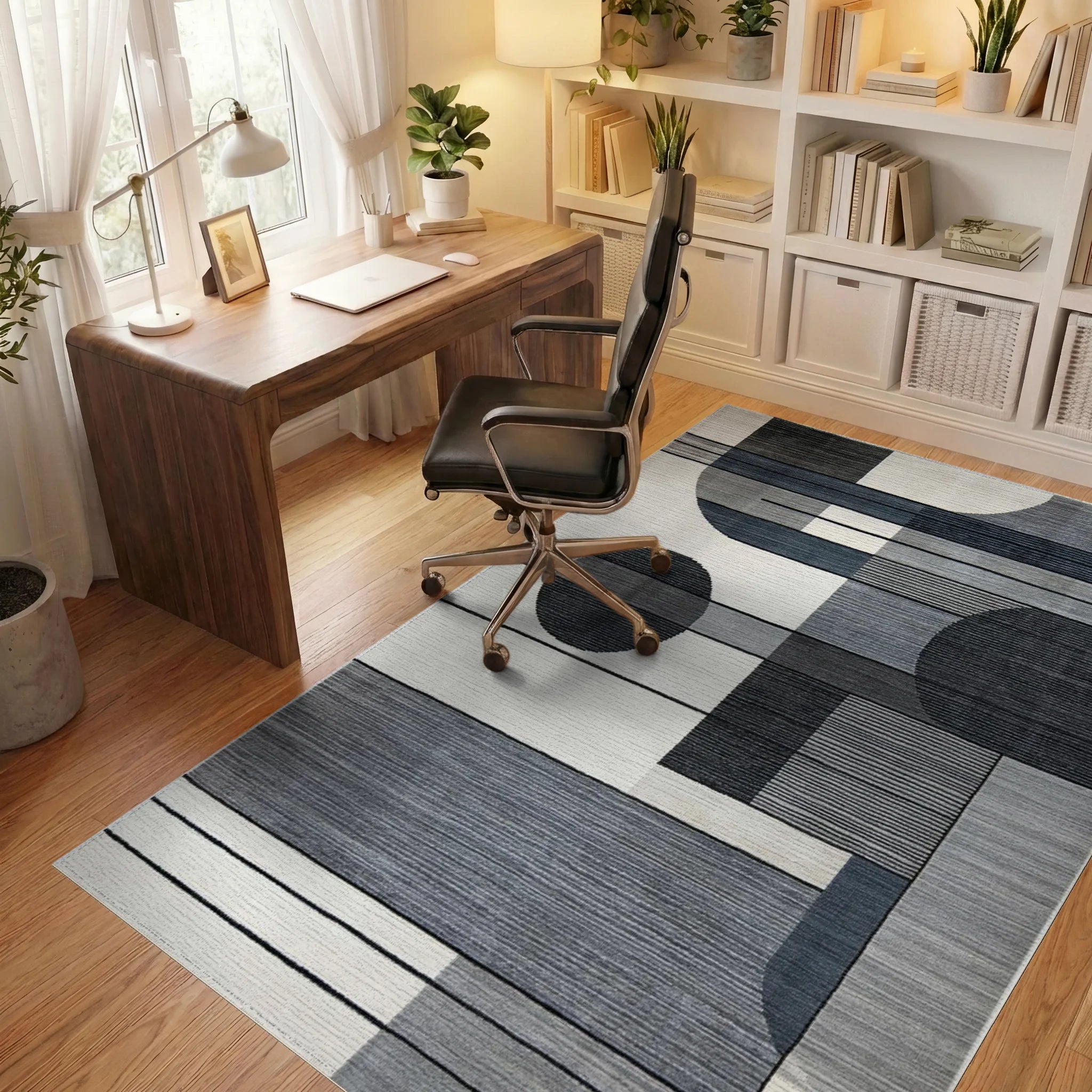 Modern Abstract Geometric Monochrome Rug - Office View